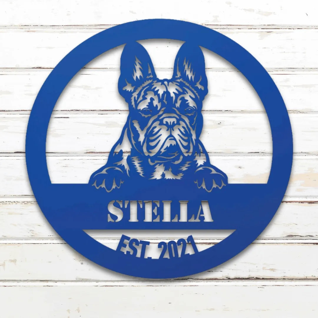 French Bulldog Personalized Metal Sign - Custom Dog Wall Art Silhouette in Blue - Custom Dog Wall Art