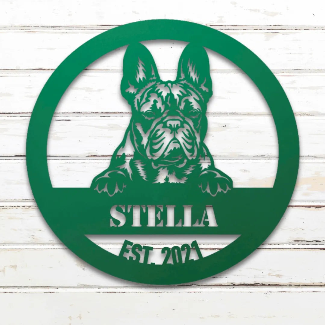 French Bulldog Personalized Metal Sign - Custom Dog Wall Art Silhouette in Green - Custom Dog Wall Art