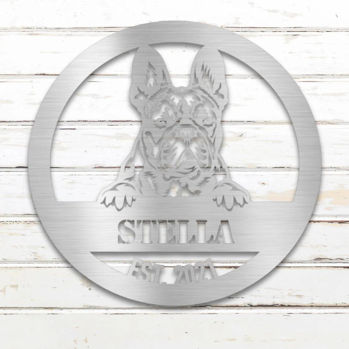 French Bulldog Personalized Metal Sign - Custom Dog Wall Art Silhouette in Silver - Custom Dog Wall Art
