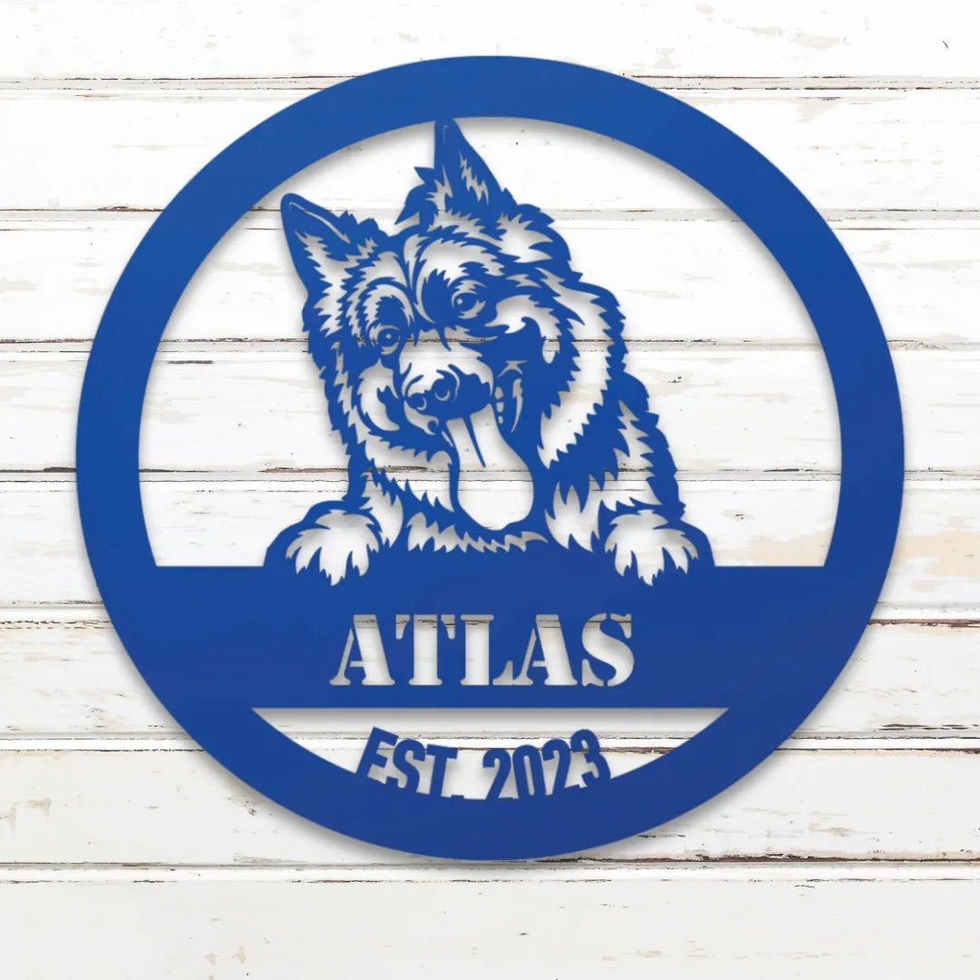 German Shepherd Personalized Metal Sign - Custom Dog Wall Art Silhouette in Blue - Custom Dog Wall Art