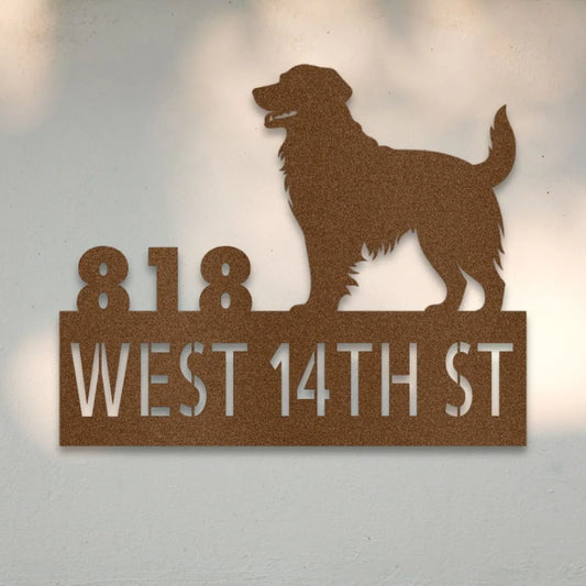 Golden Retriever Personalized House Number Sign Silhouette in Copper - Custom Dog Wall Art