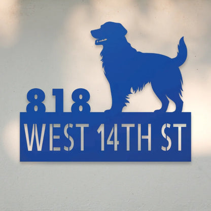 Golden Retriever Personalized House Number Sign Silhouette in Blue - Custom Dog Wall Art
