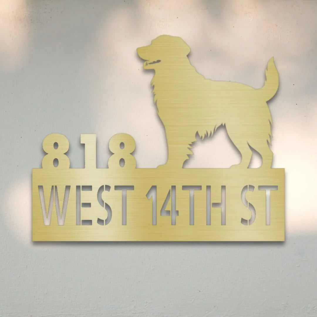 Golden Retriever Personalized House Number Sign Silhouette in Gold - Custom Dog Wall Art