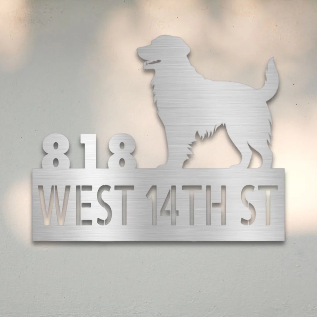 Golden Retriever Personalized House Number Sign Silhouette in Silver - Custom Dog Wall Art