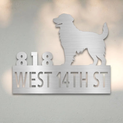 Golden Retriever Personalized House Number Sign Silhouette in Silver - Custom Dog Wall Art