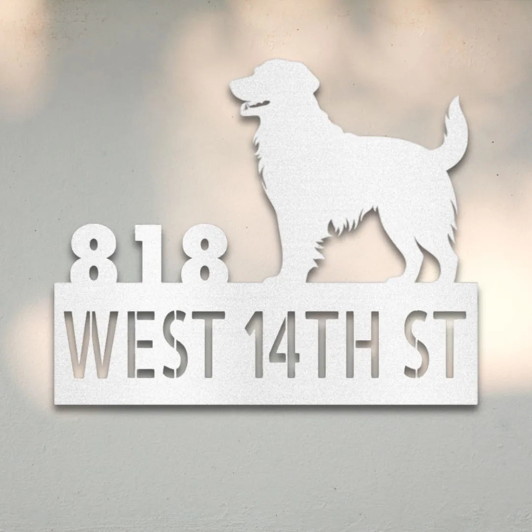 Golden Retriever Personalized House Number Sign Silhouette in White - Custom Dog Wall Art