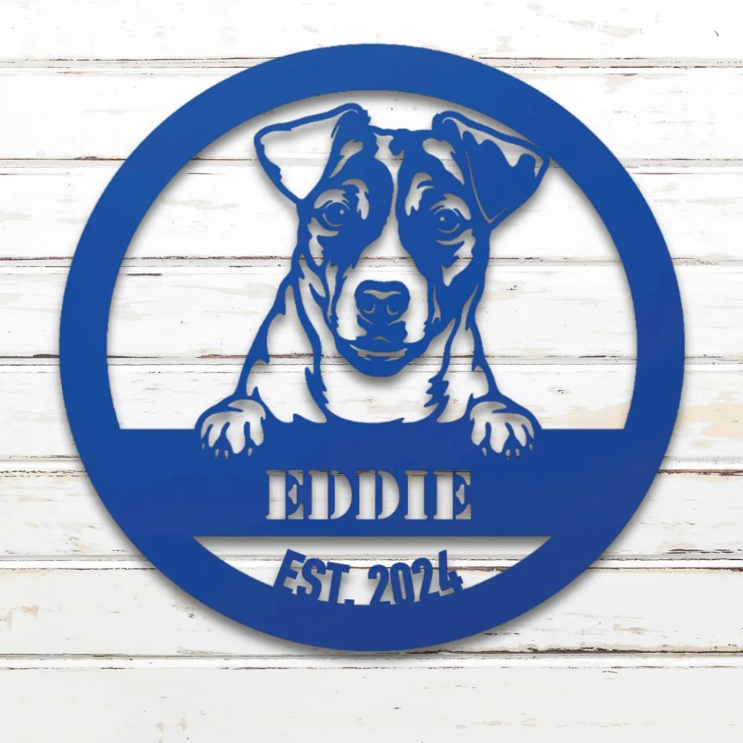 Jack Russell Terrier Personalized Metal Sign - Custom Dog Wall Art Silhouette in Blue - Custom Dog Wall Art