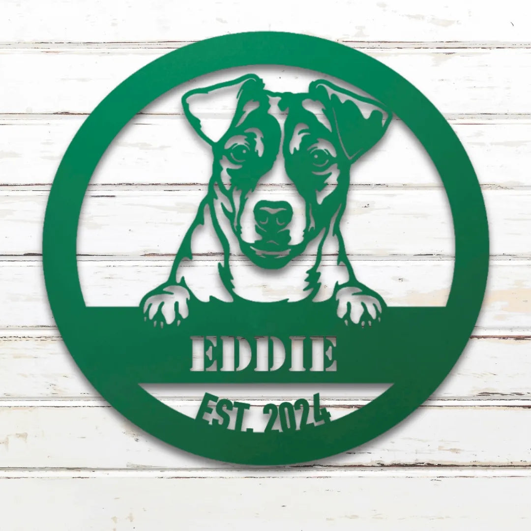 Jack Russell Terrier Personalized Metal Sign - Custom Dog Wall Art Silhouette in Green - Custom Dog Wall Art