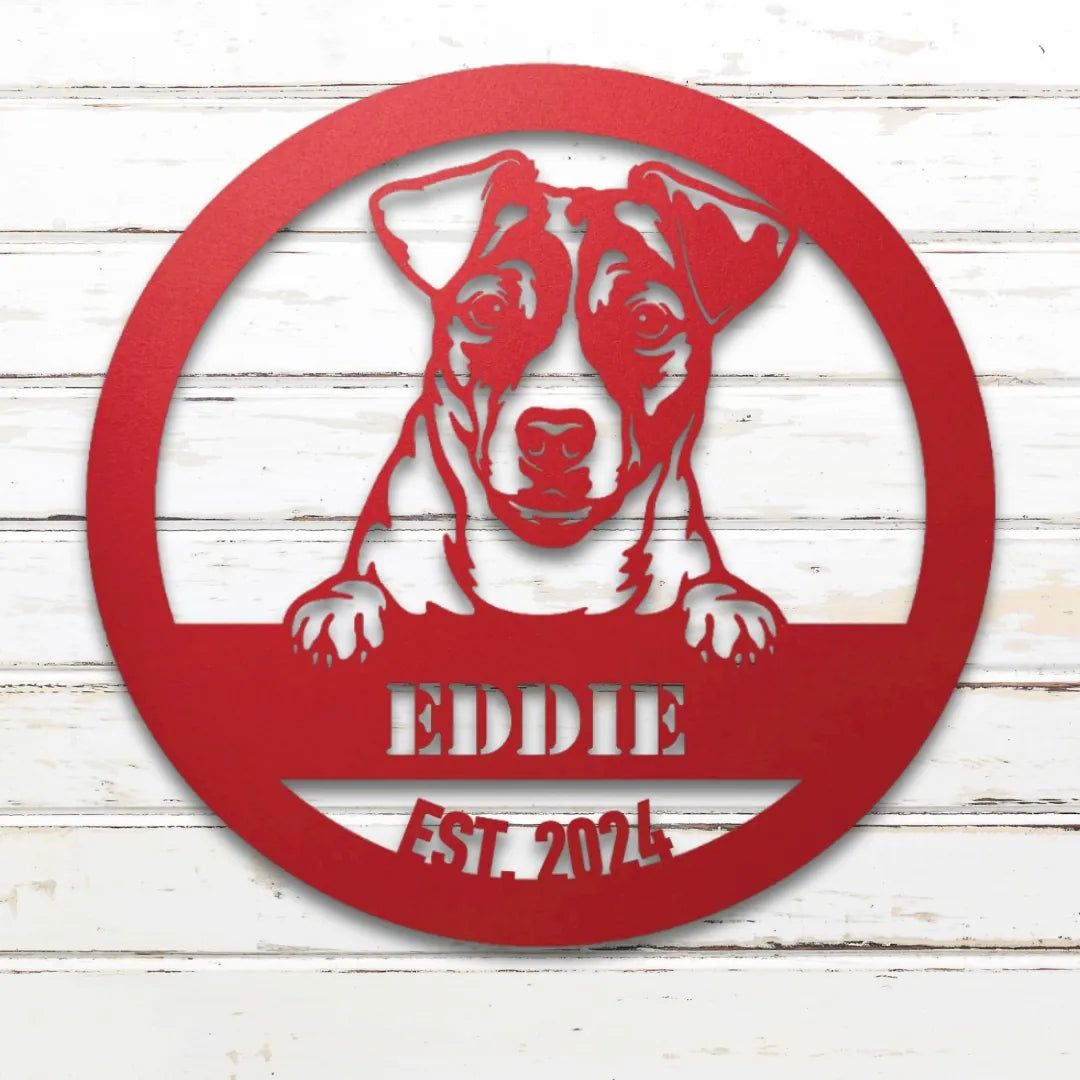Jack Russell Terrier Personalized Metal Sign - Custom Dog Wall Art Silhouette in Red - Custom Dog Wall Art