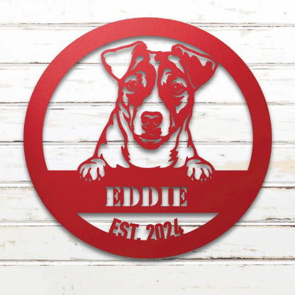 Jack Russell Terrier Personalized Metal Sign - Custom Dog Wall Art Silhouette in Red - Custom Dog Wall Art