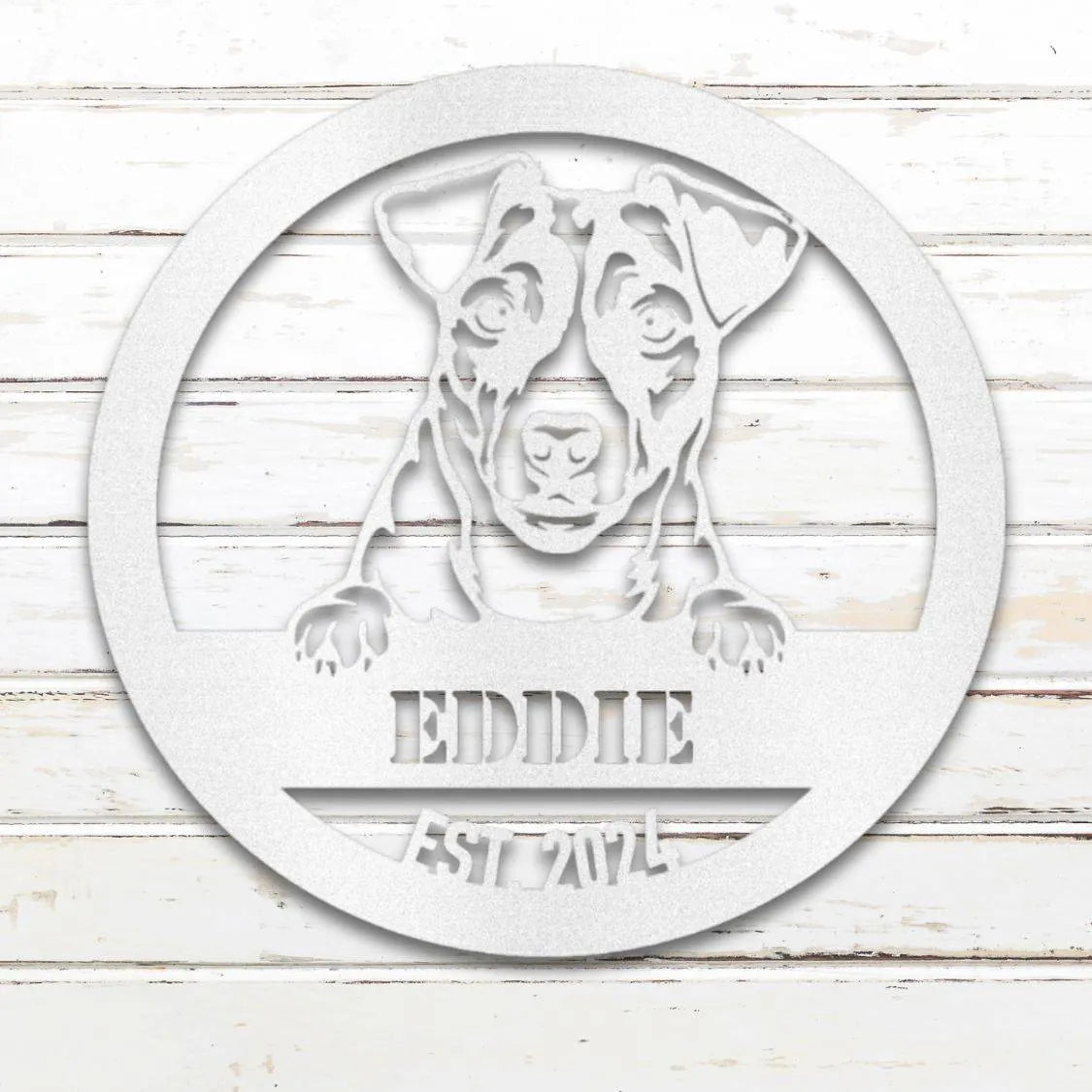 Jack Russell Terrier Personalized Metal Sign - Custom Dog Wall Art Silhouette in White - Custom Dog Wall Art