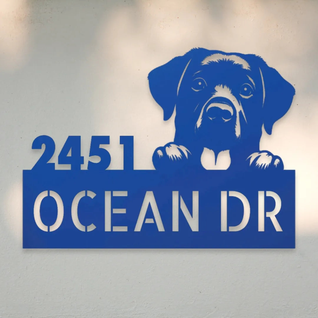 Labrador Retriever Personalized House Number Sign Silhouette in Blue - Custom Dog Wall Art