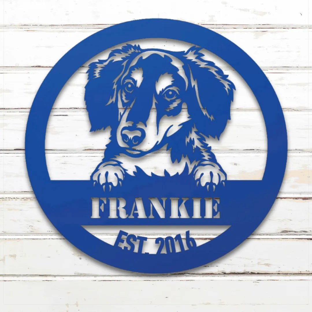 Long-Haired Dachshund Personalized Metal Sign - Custom Dog Wall Art Silhouette in Blue - Custom Dog Wall Art