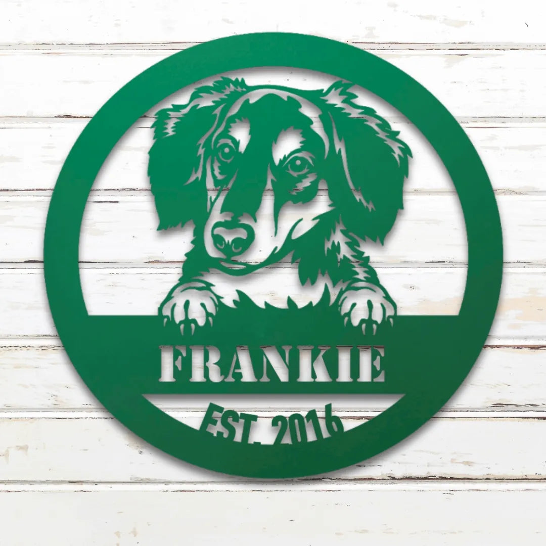 Long-Haired Dachshund Personalized Metal Sign - Custom Dog Wall Art Silhouette in Green - Custom Dog Wall Art