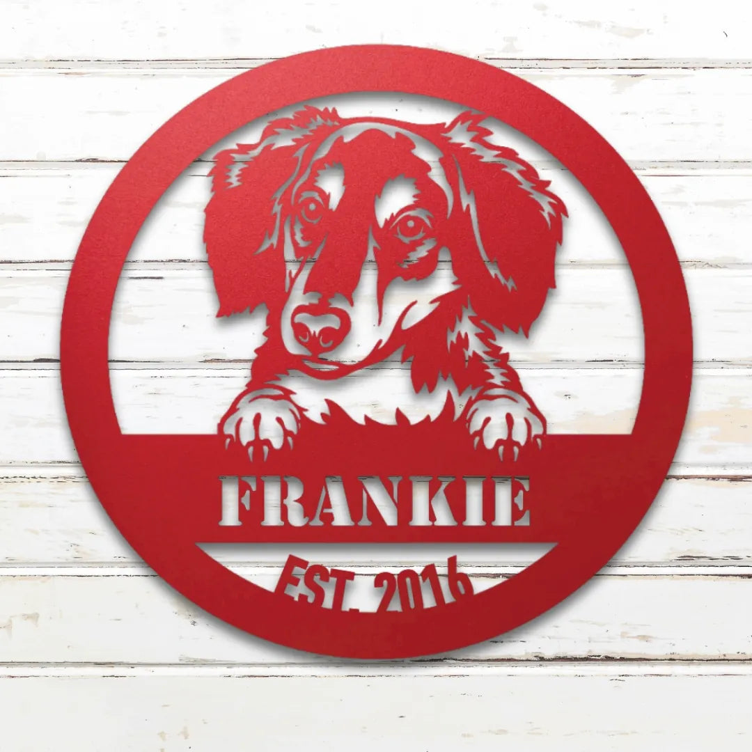 Long-Haired Dachshund Personalized Metal Sign - Custom Dog Wall Art Silhouette in Red - Custom Dog Wall Art