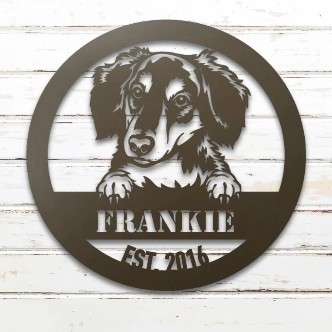 Long-Haired Dachshund Personalized Metal Sign - Custom Dog Wall Art Silhouette in Stone - Custom Dog Wall Art