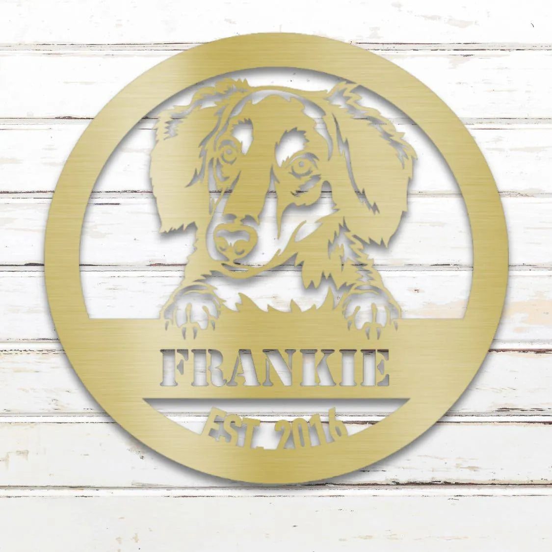 Long-Haired Dachshund Personalized Metal Sign - Custom Dog Wall Art Silhouette in Gold - Custom Dog Wall Art