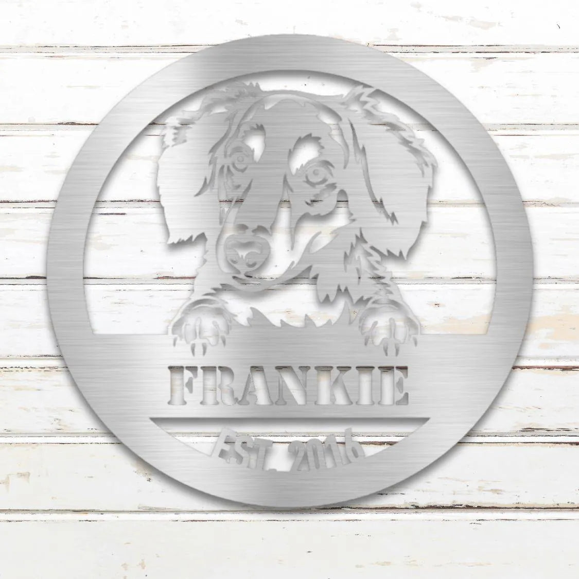 Long-Haired Dachshund Personalized Metal Sign - Custom Dog Wall Art Silhouette in Silver - Custom Dog Wall Art