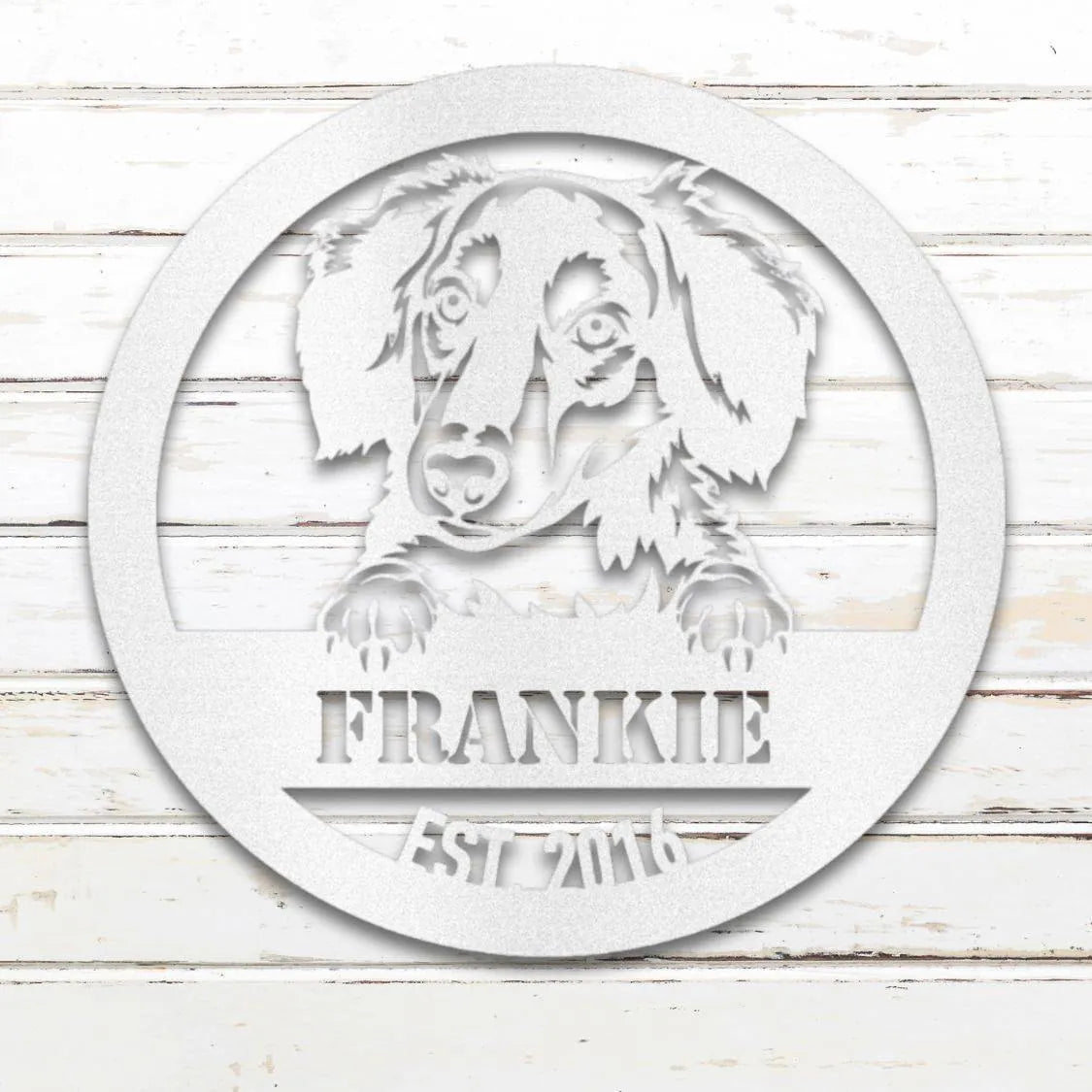 Long-Haired Dachshund Personalized Metal Sign - Custom Dog Wall Art Silhouette in White - Custom Dog Wall Art