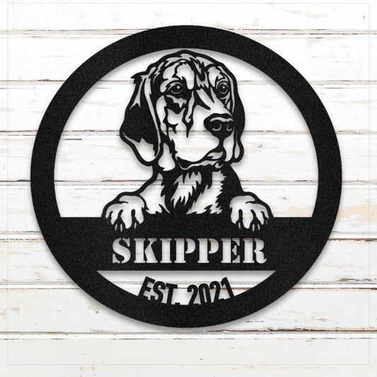 Black Beagle personalized metal wall art with custom name and year; handcrafted from rustproof, weatherproof American steel | Barkhaus Metal Co.