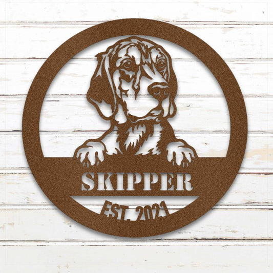 Copper Beagle personalized metal wall art with custom name and year; handcrafted from rustproof, weatherproof American steel | Barkhaus Metal Co.