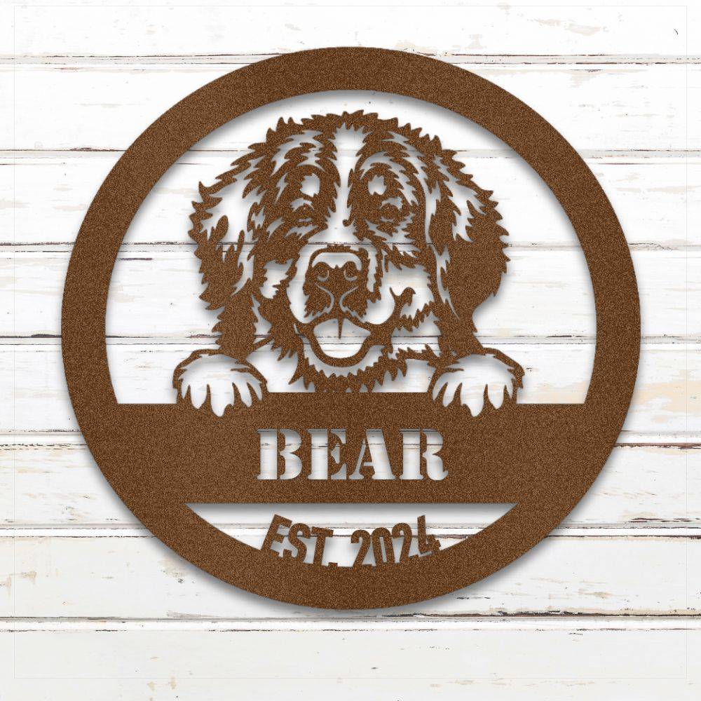 Copper Bernese Mountain Dog personalized metal wall art with custom name and year; handcrafted from rustproof, weatherproof American steel | Barkhaus Metal Co.