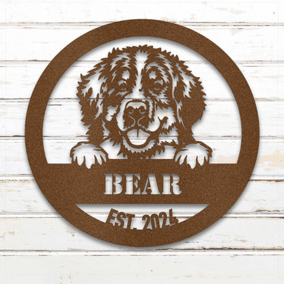Copper Bernese Mountain Dog personalized metal wall art with custom name and year; handcrafted from rustproof, weatherproof American steel | Barkhaus Metal Co.