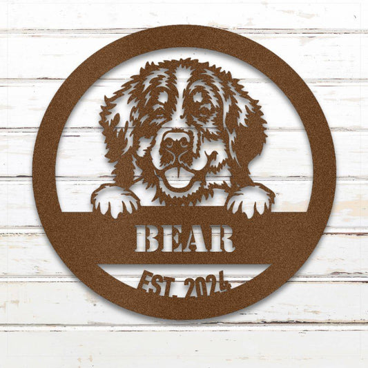 Copper Bernese Mountain Dog personalized metal wall art with custom name and year; handcrafted from rustproof, weatherproof American steel | Barkhaus Metal Co.