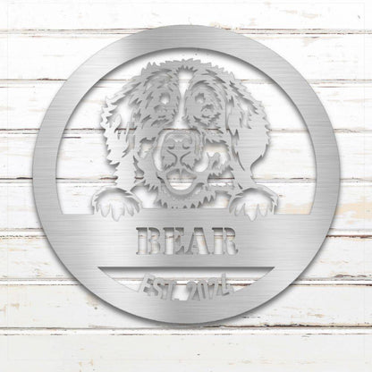 Silver Bernese Mountain Dog personalized metal wall art with custom name and year; handcrafted from rustproof, weatherproof American steel | Barkhaus Metal Co.