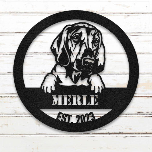 Black Bloodhound personalized metal wall art with custom name and year; handcrafted from rustproof, weatherproof American steel | Barkhaus Metal Co.