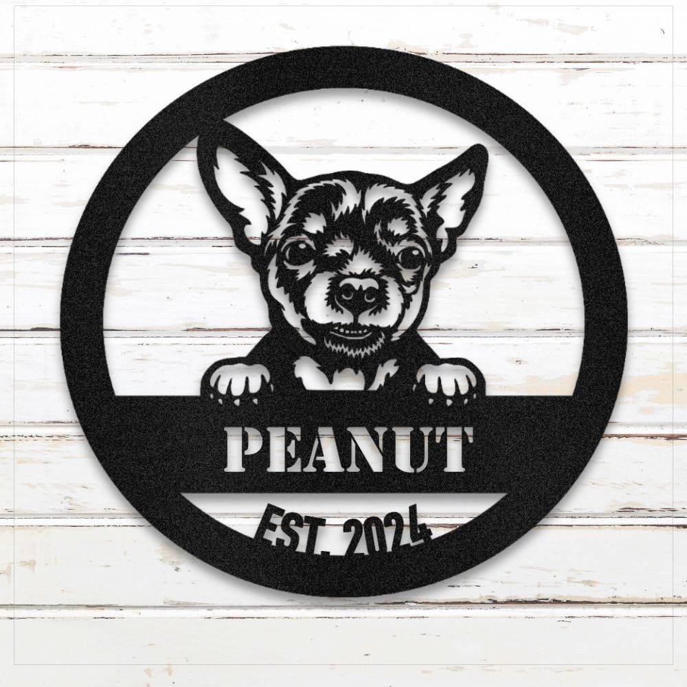 Black Chihuahua personalized metal wall art with custom name and year; handcrafted from rustproof, weatherproof American steel | Barkhaus Metal Co.