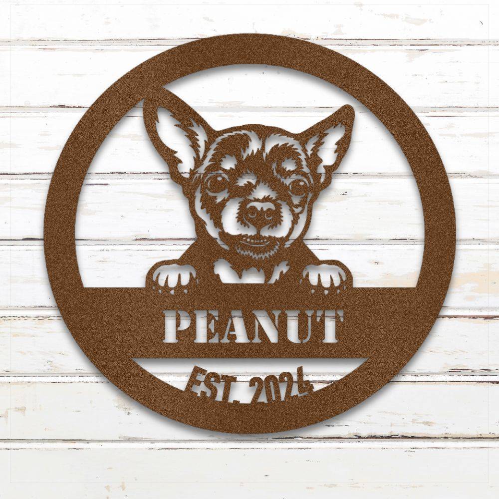 Copper Chihuahua personalized metal wall art with custom name and year; handcrafted from rustproof, weatherproof American steel | Barkhaus Metal Co.
