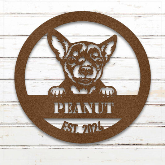 Copper Chihuahua personalized metal wall art with custom name and year; handcrafted from rustproof, weatherproof American steel | Barkhaus Metal Co.