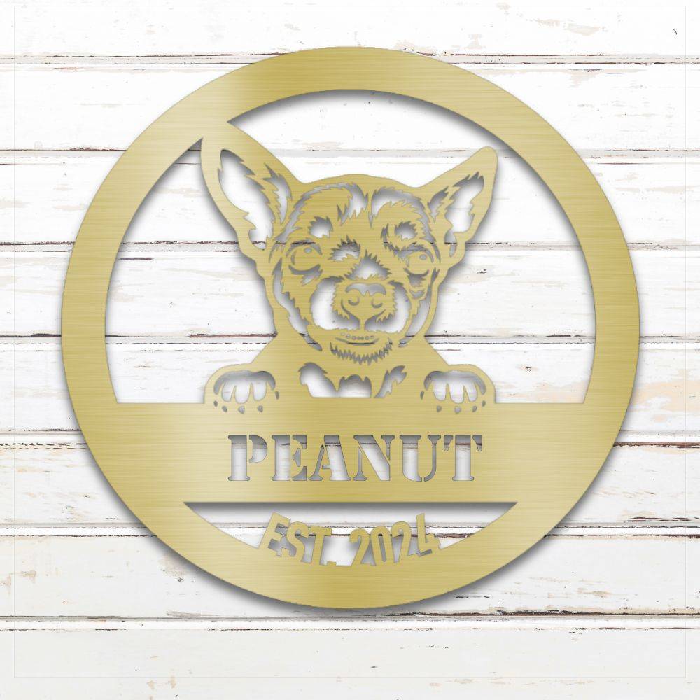 Gold Chihuahua personalized metal wall art with custom name and year; handcrafted from rustproof, weatherproof American steel | Barkhaus Metal Co.