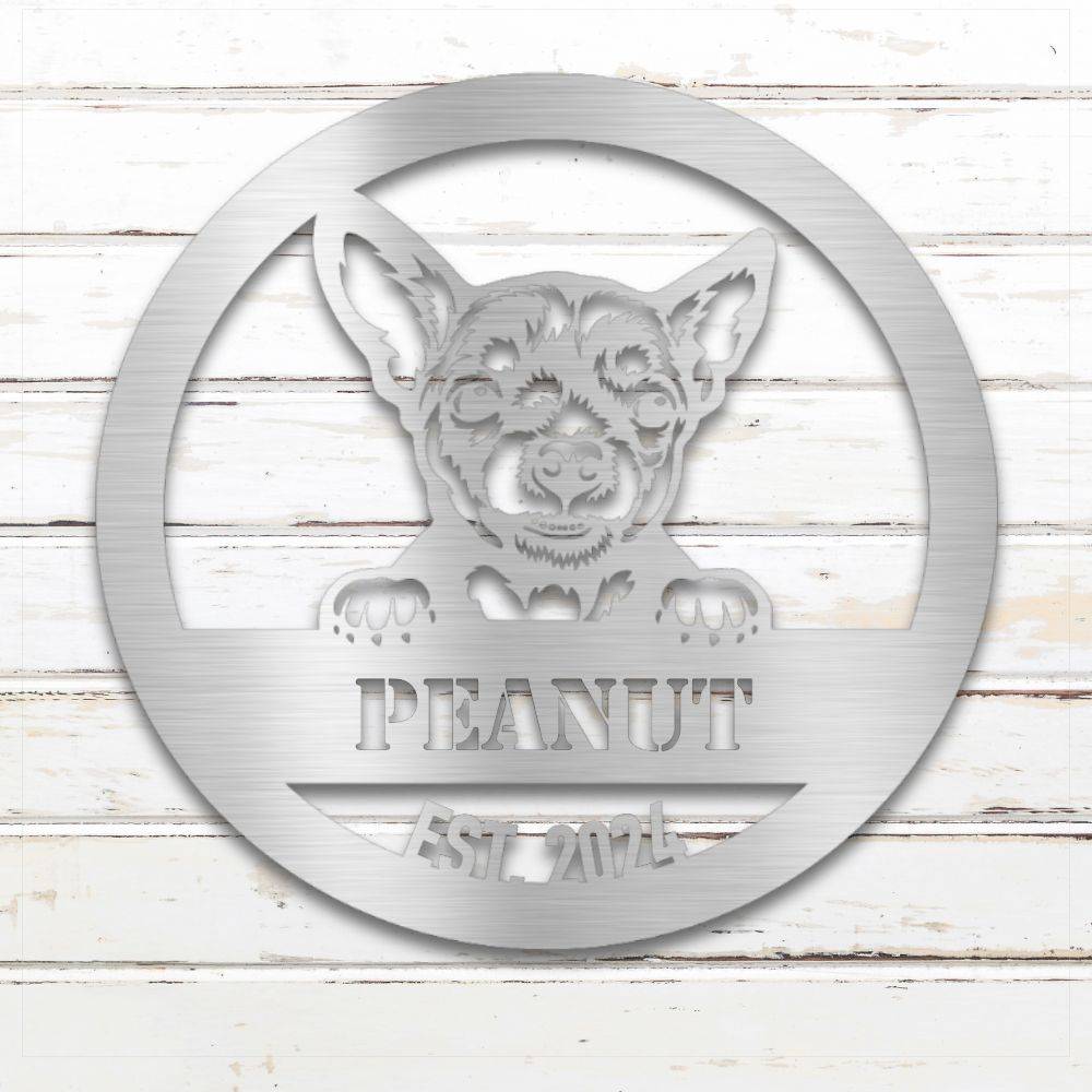 Silver Chihuahua personalized metal wall art with custom name and year; handcrafted from rustproof, weatherproof American steel | Barkhaus Metal Co.
