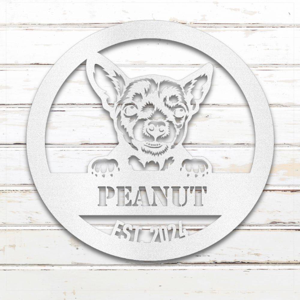 White Chihuahua personalized metal wall art with custom name and year; handcrafted from rustproof, weatherproof American steel | Barkhaus Metal Co.