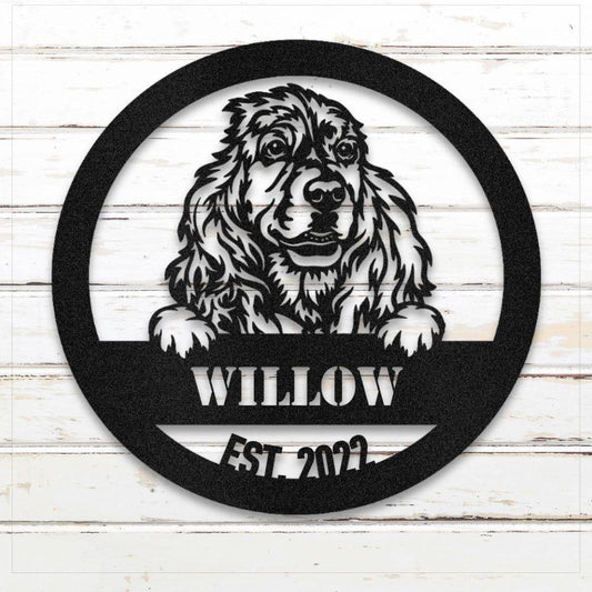 Black Cocker Spaniel personalized metal wall art with custom name and year; handcrafted from rustproof, weatherproof American steel | Barkhaus Metal Co.
