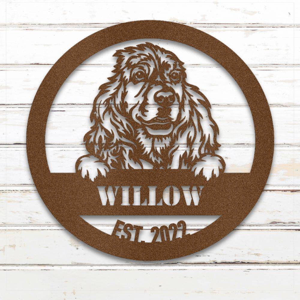 Copper Cocker Spaniel personalized metal wall art with custom name and year; handcrafted from rustproof, weatherproof American steel | Barkhaus Metal Co.