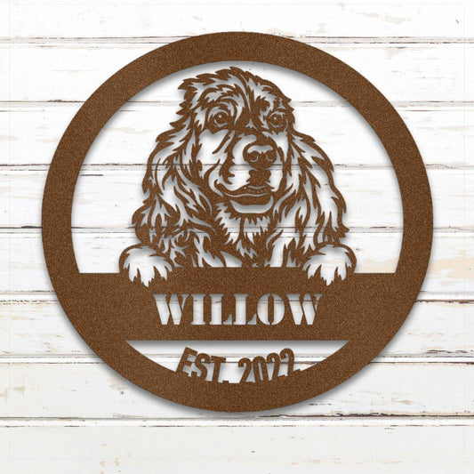 Copper Cocker Spaniel personalized metal wall art with custom name and year; handcrafted from rustproof, weatherproof American steel | Barkhaus Metal Co.