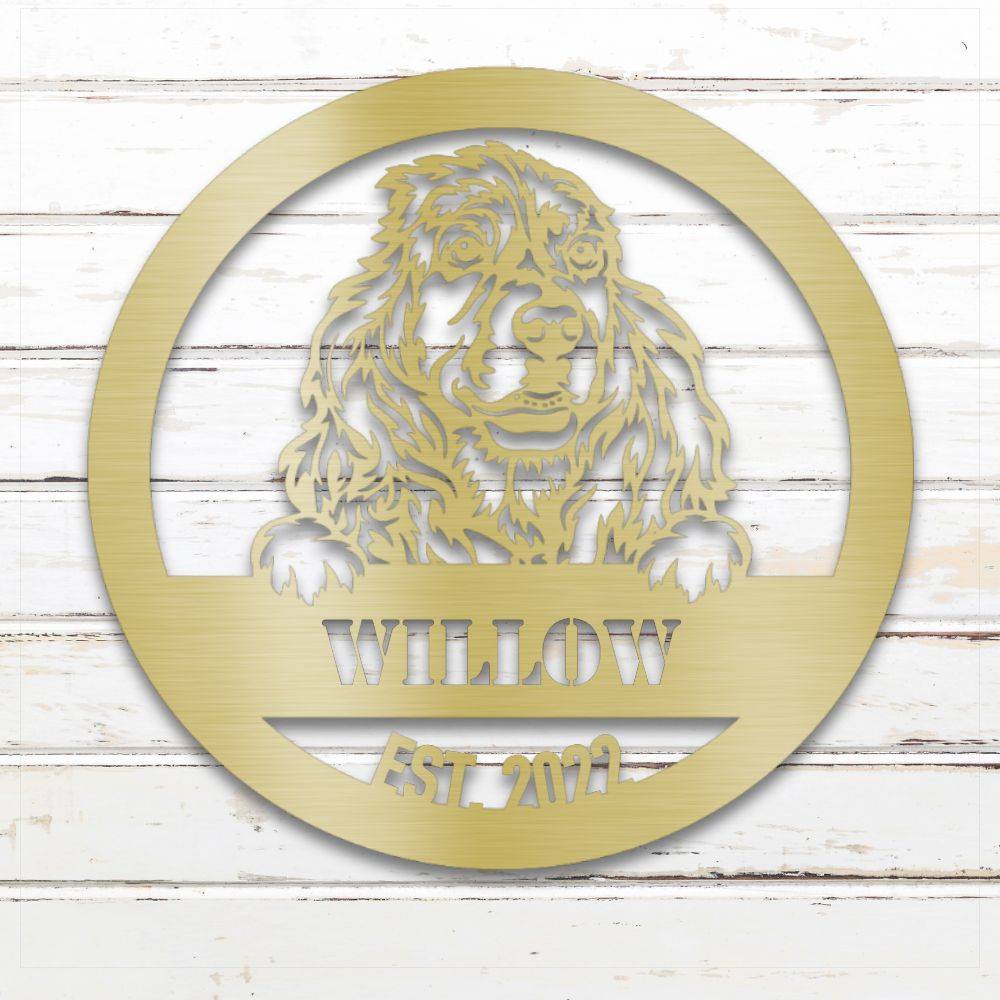 Gold Cocker Spaniel personalized metal wall art with custom name and year; handcrafted from rustproof, weatherproof American steel | Barkhaus Metal Co.