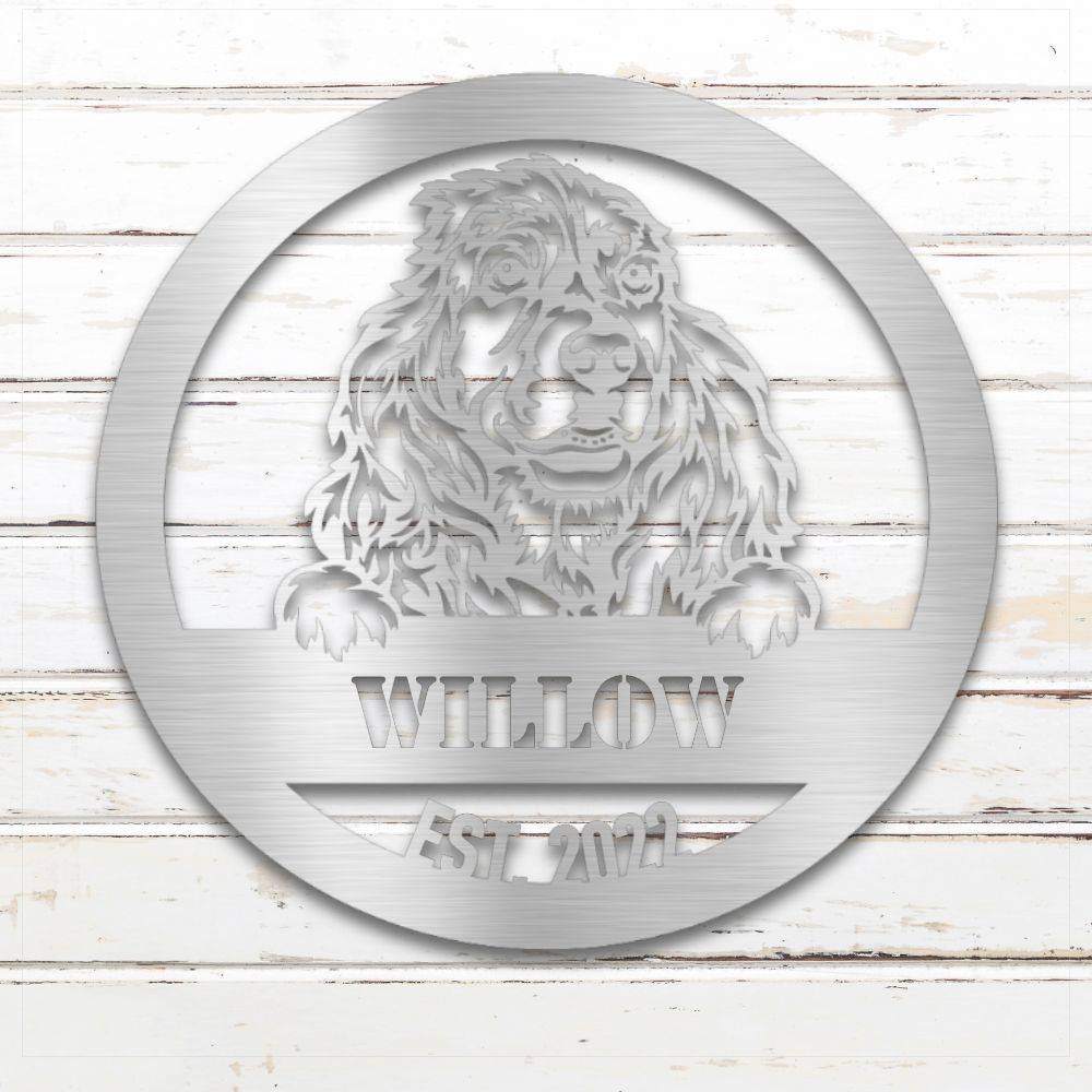 Silver Cocker Spaniel personalized metal wall art with custom name and year; handcrafted from rustproof, weatherproof American steel | Barkhaus Metal Co.