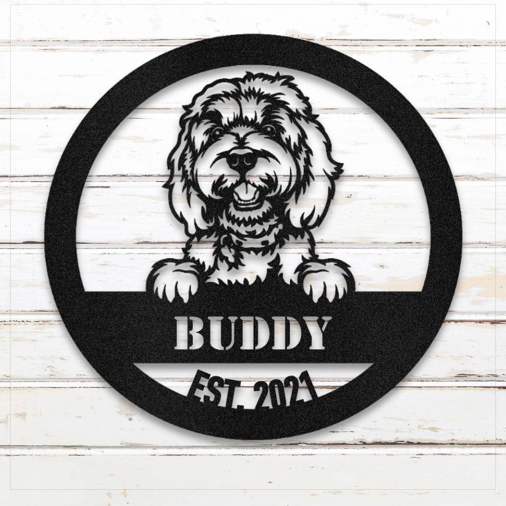 Black Doodle personalized metal wall art with custom name and year; handcrafted from rustproof, weatherproof American steel | Barkhaus Metal Co.