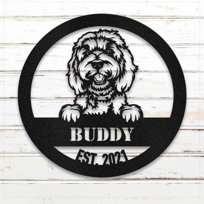 Black Doodle personalized metal wall art with custom name and year; handcrafted from rustproof, weatherproof American steel | Barkhaus Metal Co.
