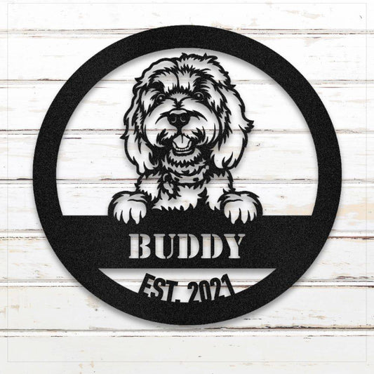 Black Doodle personalized metal wall art with custom name and year; handcrafted from rustproof, weatherproof American steel | Barkhaus Metal Co.