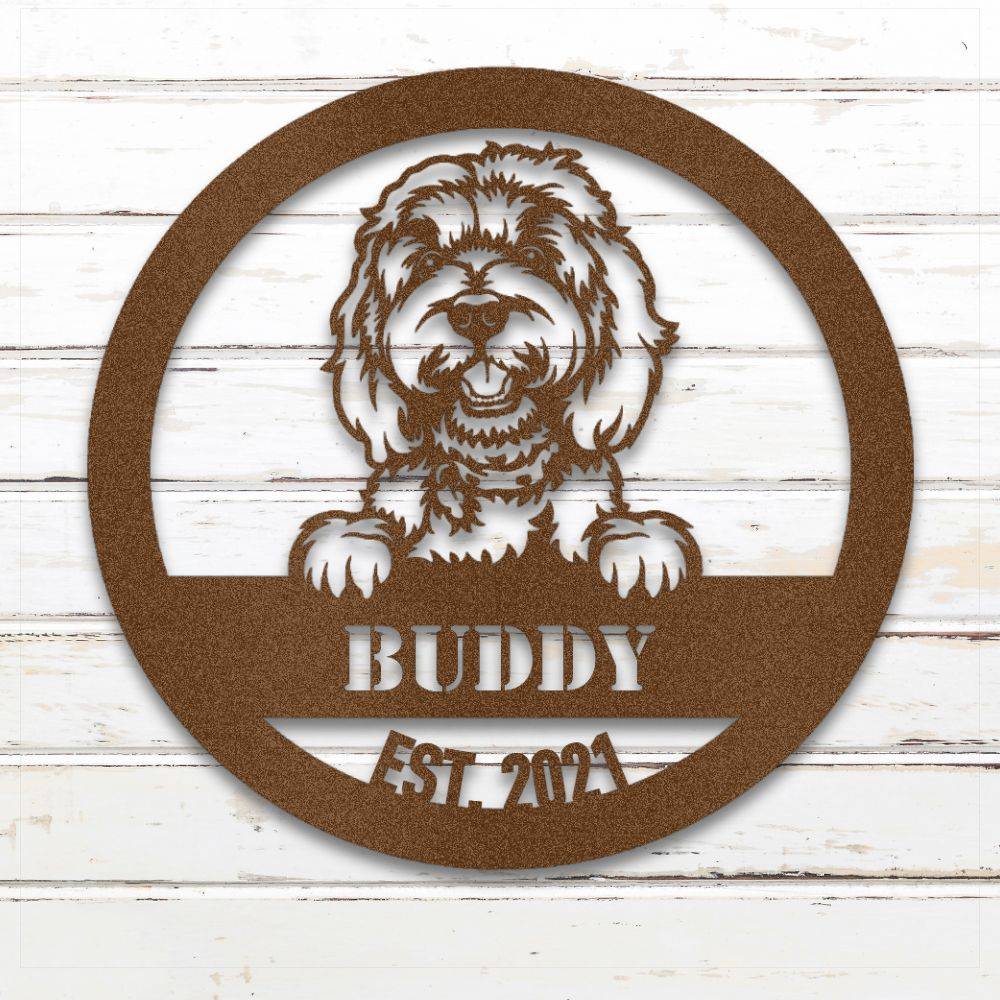 Copper Doodle personalized metal wall art with custom name and year; handcrafted from rustproof, weatherproof American steel | Barkhaus Metal Co.