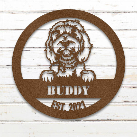 Copper Doodle personalized metal wall art with custom name and year; handcrafted from rustproof, weatherproof American steel | Barkhaus Metal Co.