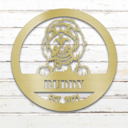 Gold Doodle personalized metal wall art with custom name and year; handcrafted from rustproof, weatherproof American steel | Barkhaus Metal Co.