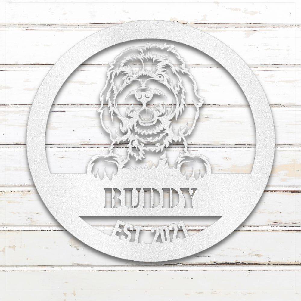 White Doodle personalized metal wall art with custom name and year; handcrafted from rustproof, weatherproof American steel | Barkhaus Metal Co.