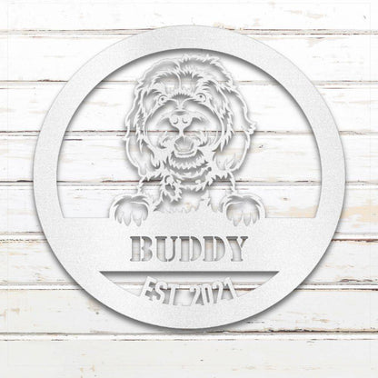 White Doodle personalized metal wall art with custom name and year; handcrafted from rustproof, weatherproof American steel | Barkhaus Metal Co.