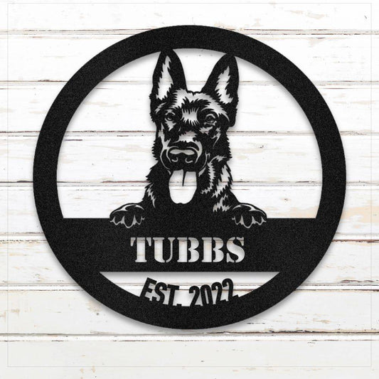 Black Dutch Shepherd personalized metal wall art with custom name and year; handcrafted from rustproof, weatherproof American steel | Barkhaus Metal Co.